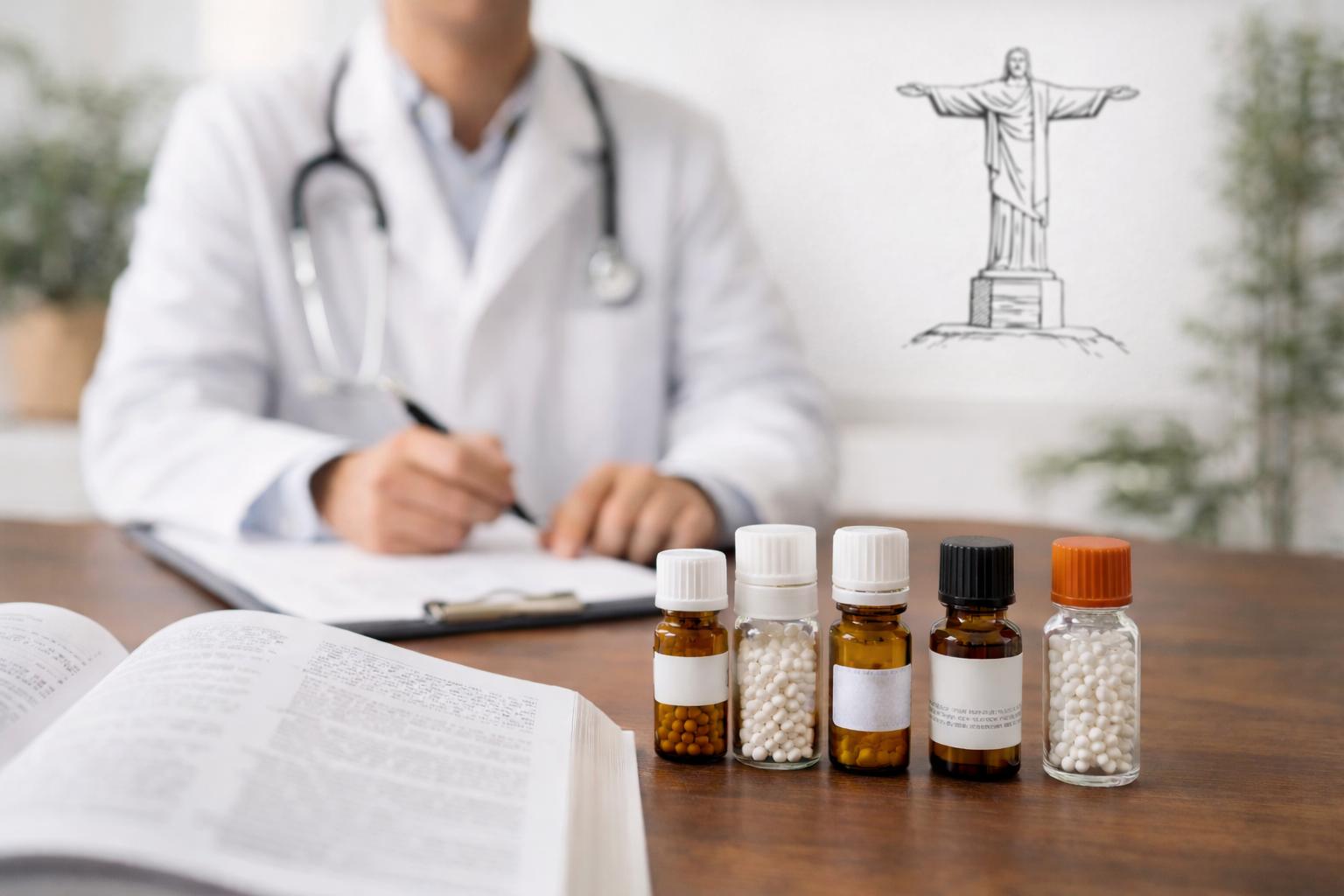 Médico homeopata em consultório, com referência simbólica ao Brasil