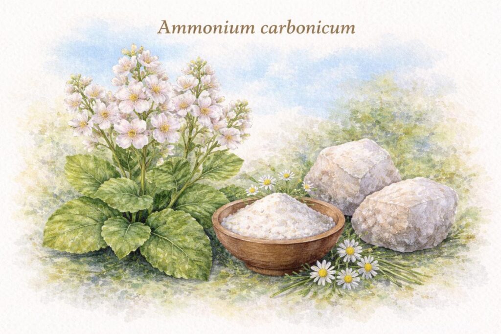 Ammonium carbonicum – ilustração botânica em aquarela representando o remédio homeopático Ammonium carbonicum