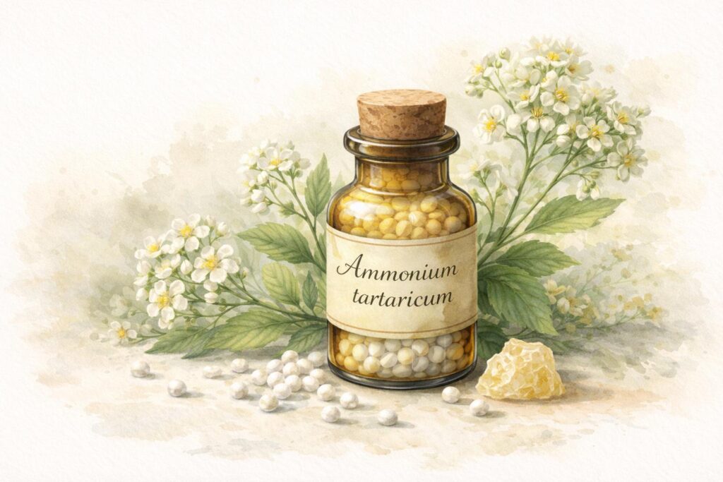 Ammonium tartaricum na homeopatia – frasco de remédio homeopático em aquarela botânica
