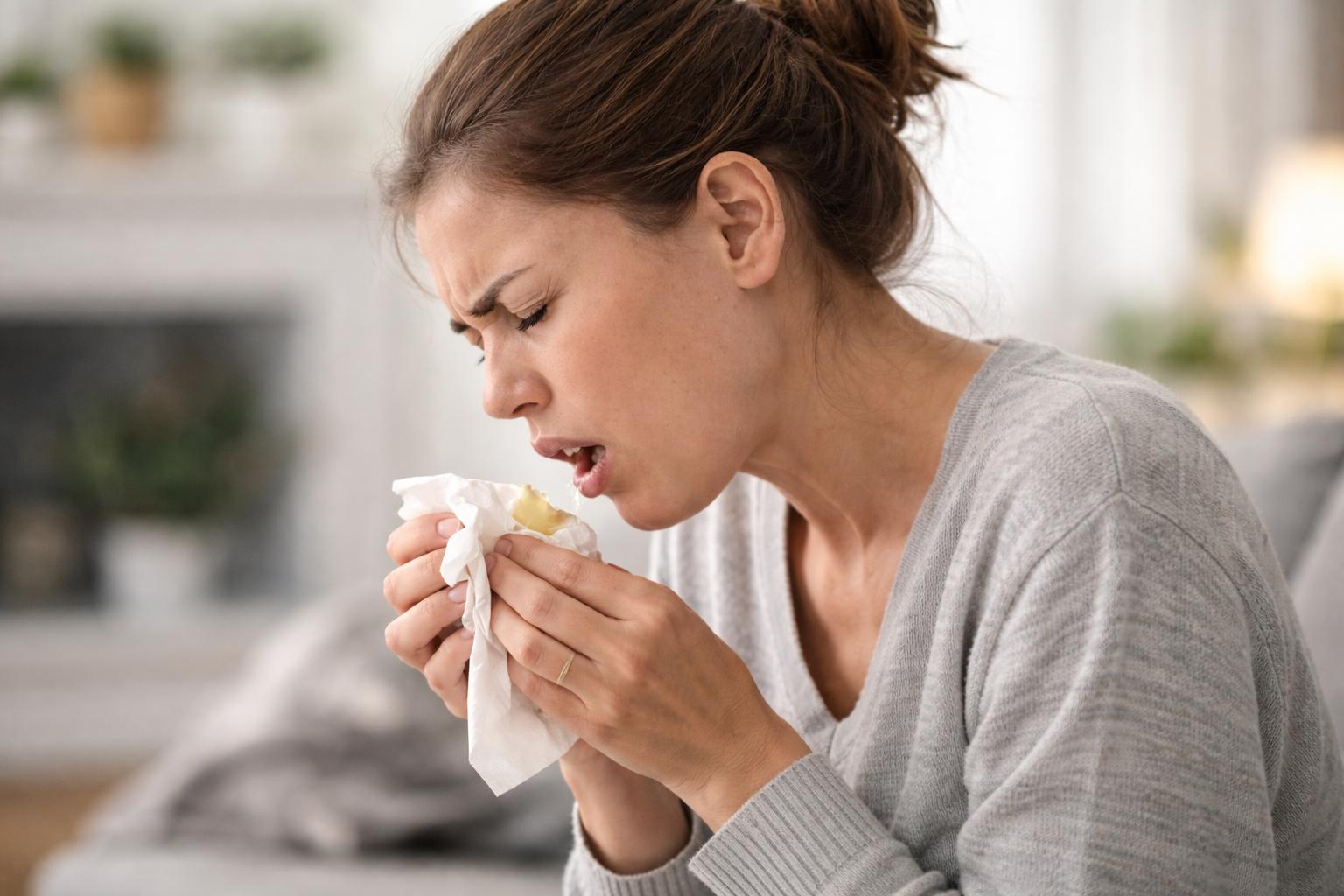 Ammonium tartaricum na homeopatia – pessoa com tosse produtiva e obstrução brônquica