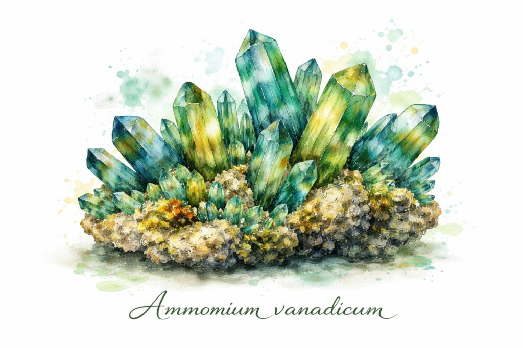 Ammonium vanadicum – ilustração em aquarela do composto utilizado como remédio na homeopatia.