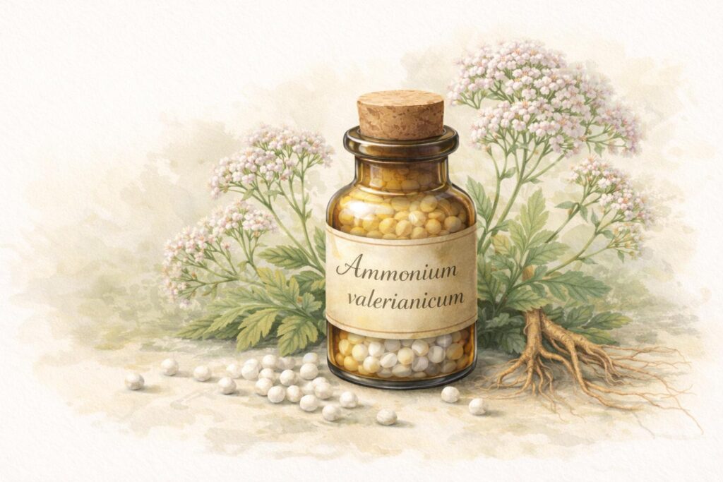 Ammonium valerianicum na homeopatia – frasco de remédio homeopático em aquarela botânica