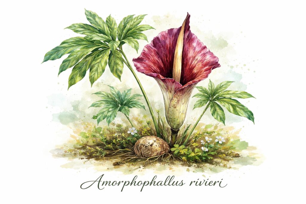 amorphophallus rivieri umbela china ilustração botânica em aquarela do remédio homeopático
