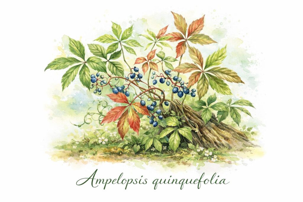 ampelopsis quinquefolia ilustração botânica em aquarela do remédio homeopático