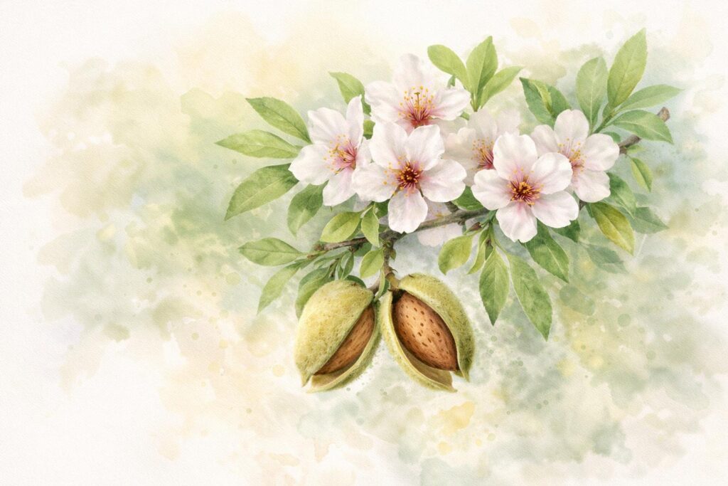 amygdala amara ilustração botânica em aquarela da amêndoa amarga utilizada na homeopatia