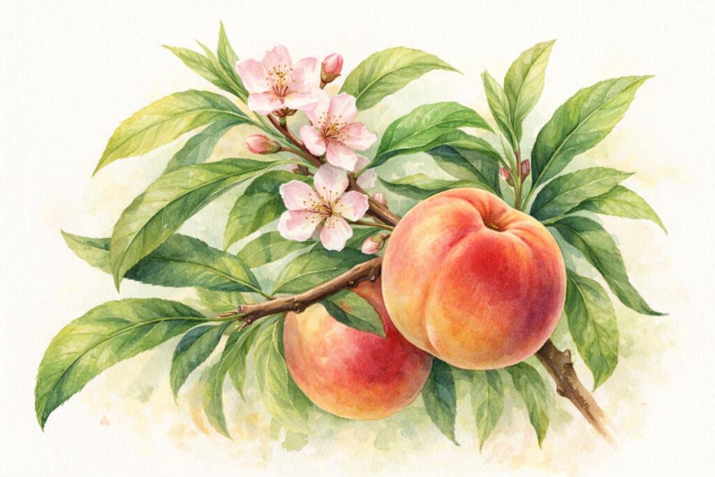 amygdalus persica ilustração botânica em aquarela do pessegueiro utilizado na homeopatia