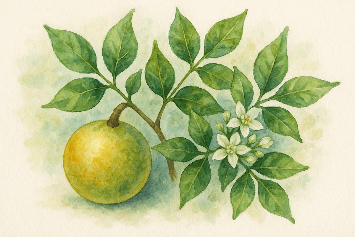 Aegle folia, folhas da árvore Bael (Aegle marmelos), planta tradicional da medicina indiana utilizada na homeopatia.