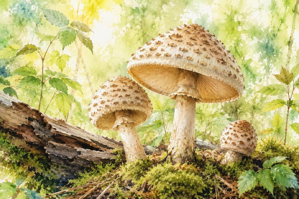 Agaricinum na homeopatia – cogumelos silvestres em floresta iluminada, representando a substância de origem deste remédio homeopático.